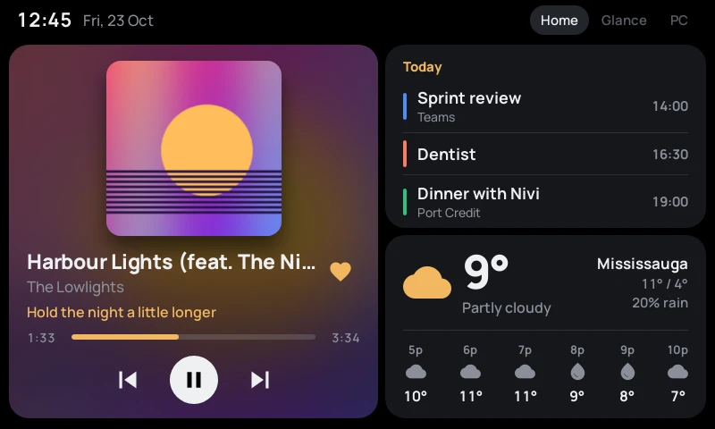 VibeThing home screen showing the current song, calendar and weather