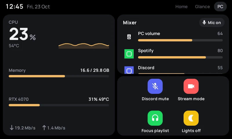PC screen with system stats and volume mixer